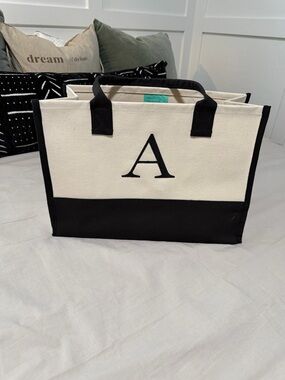 Two-Tone Canvas Tote with Monogram 'A' in Black and Cream